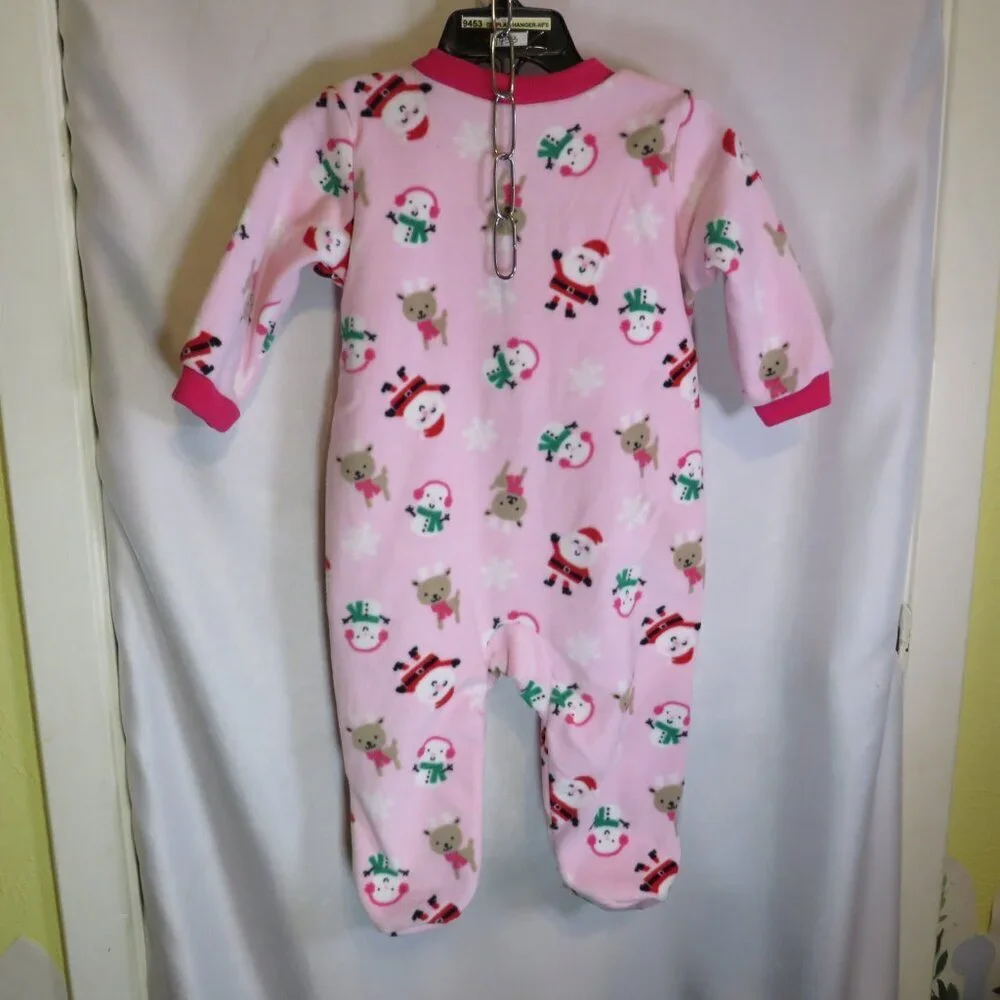 Baby pink Christmas footed zippered bodysuit long sleeve 100% polyester Santa